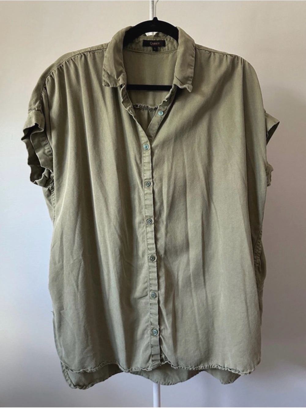 Quince Olive Vintage Wash Tencel Camp Shirt Button-Front Casual Relaxed Coastal